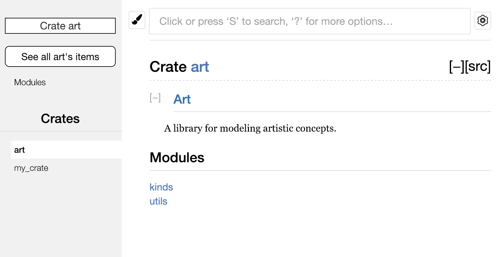 Documentația generată pentru crate-ul `art` care prezintă modulele `kinds` și `utils`